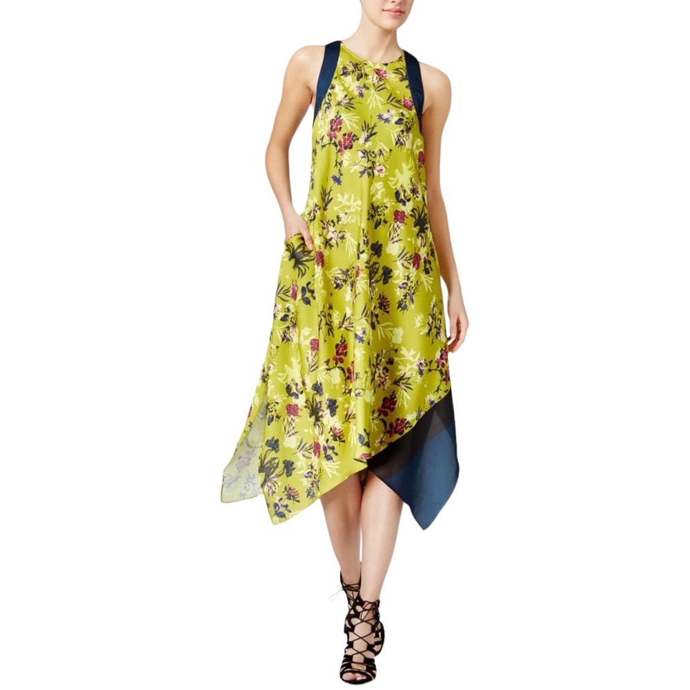 RACHEL Roy Yellow Floral High Low Dress 3x Sleeveless Asymmetrical Midi